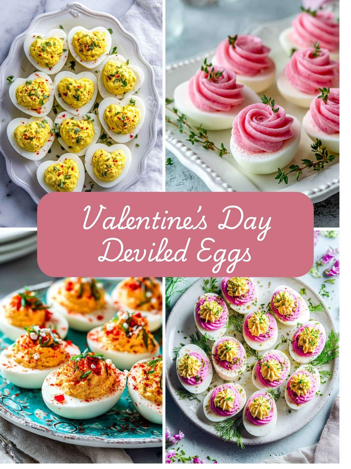 A four-image collage of Valentine's Day deviled eggs.