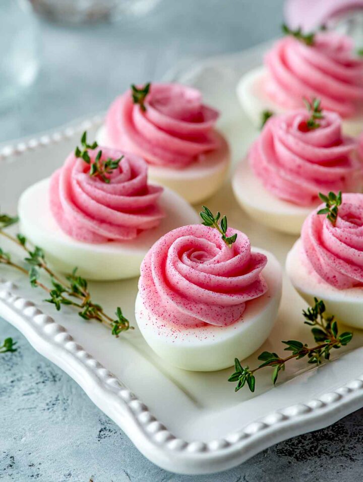 Pink rose-piped deviled eggs with smooth creamy filling on a white platter.