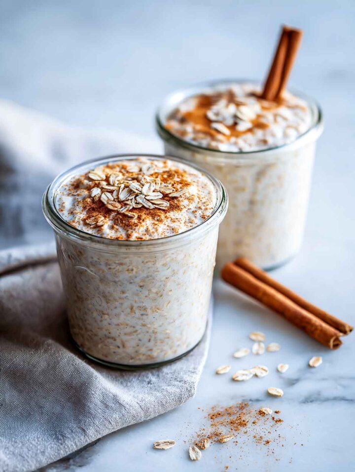 Two glass jars of vanilla cinnamon overnight oats on a white marble surface, topped with rolled oats and a light dusting of cinnamon, with cinnamon sticks and a soft linen napkin styled nearby.