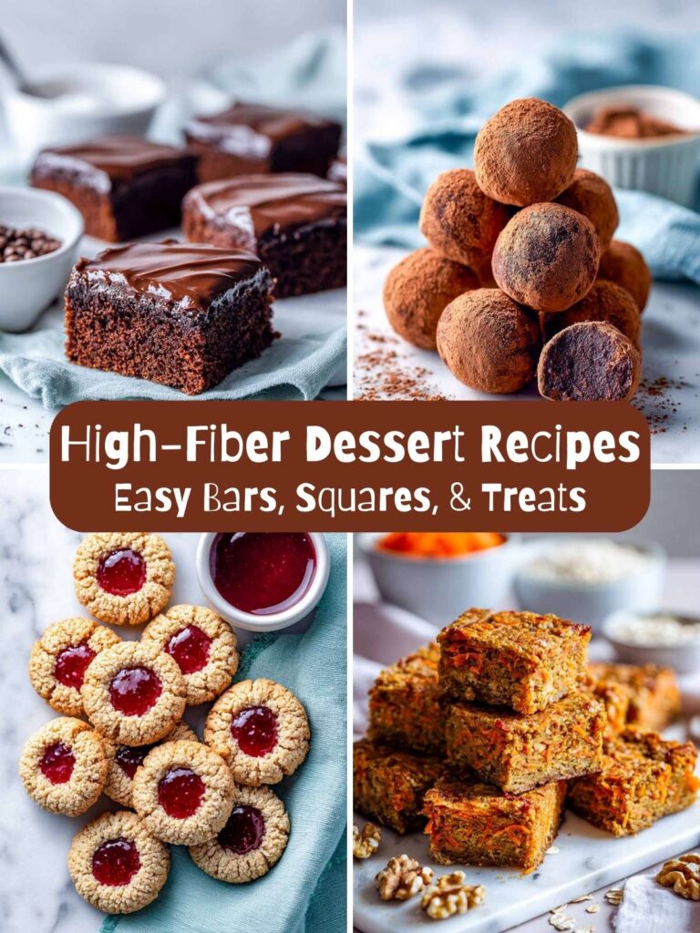 A four-image collage of fiber-rich desserts with text overlay.
