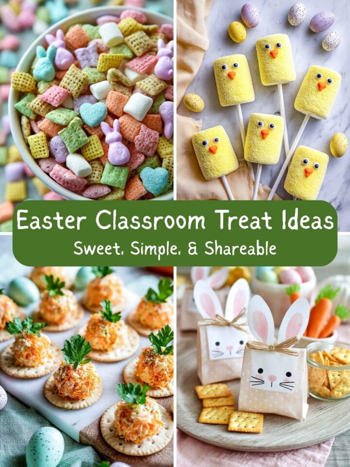A four-image collage of Easter classroom snacks.