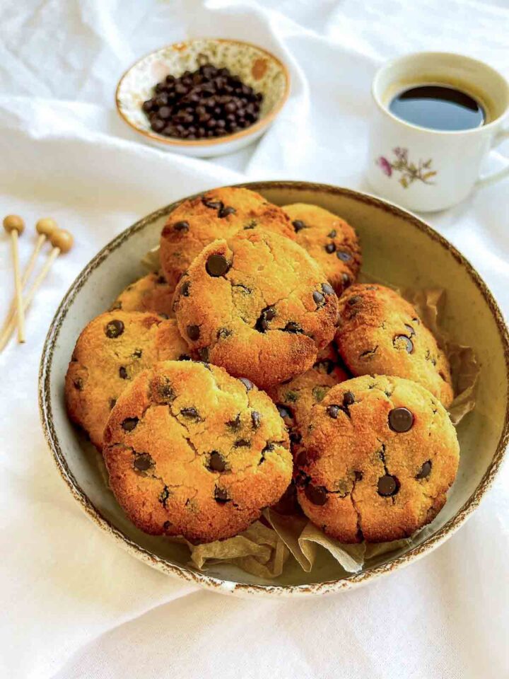 Coconut flour chocolate chip cookies in a bowl.