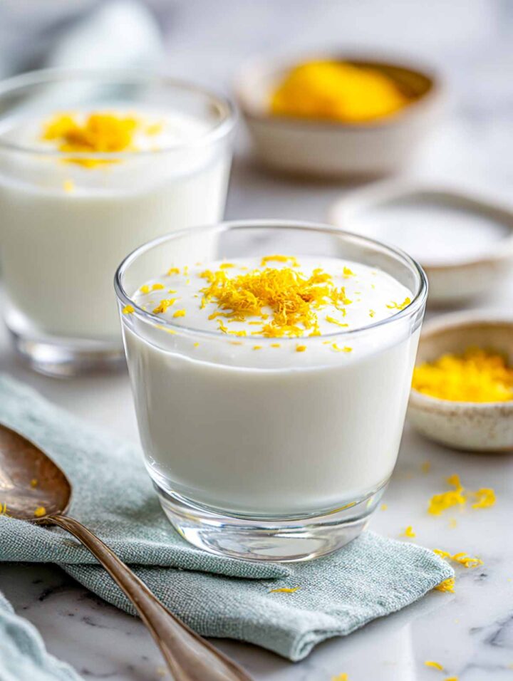 Coconut milk panna cotta in a clear glass topped with finely grated citrus zest, set on a white marble surface with a soft teal napkin and small bowls of zest in the background.