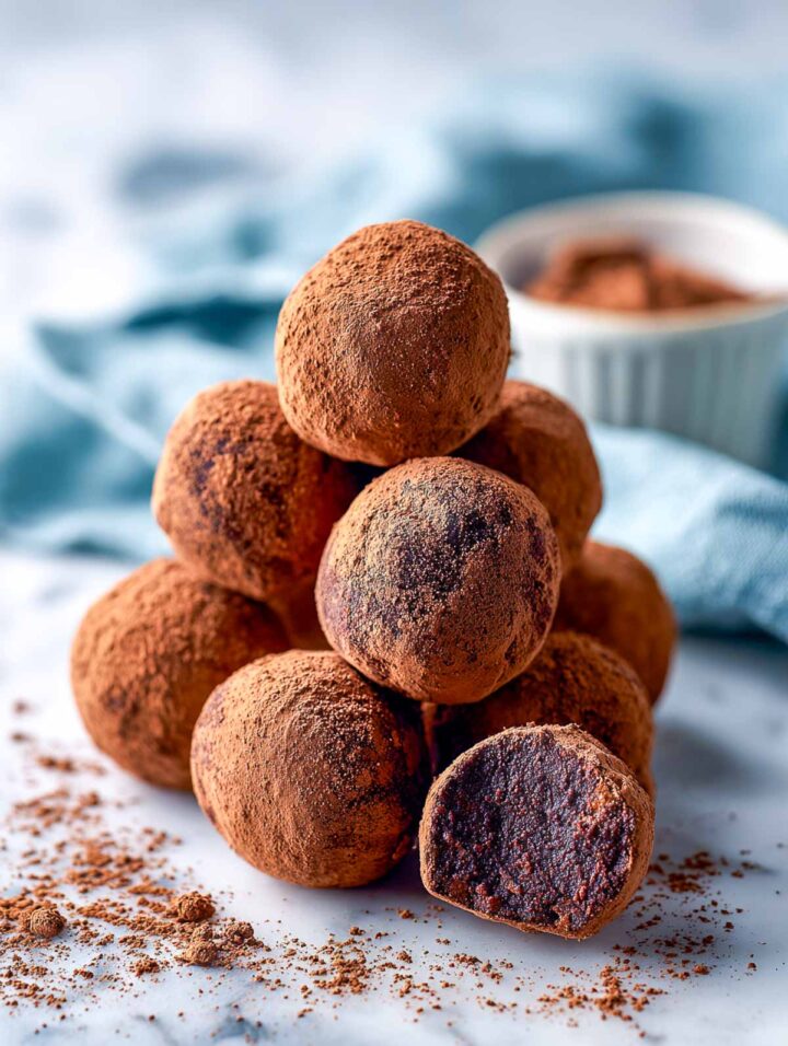 Dark chocolate lentil truffles stacked neatly on a white marble surface, dusted generously with cocoa powder. One truffle is cut open to reveal a smooth, dense chocolate interior. 