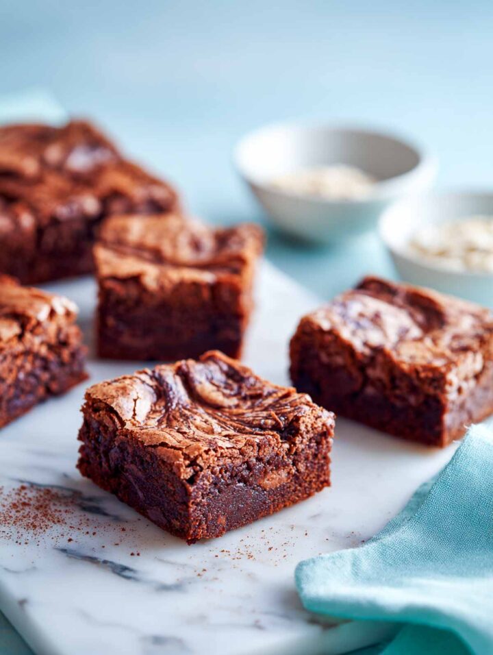 Top-down view of date sweetened oatmeal brownies cut into neat squares on a white marble surface, showing a light cocoa swirl pattern on each brownie. A soft blue napkin sits beside the brownies, with small white bowls of rolled oats and whole dates are in the background.