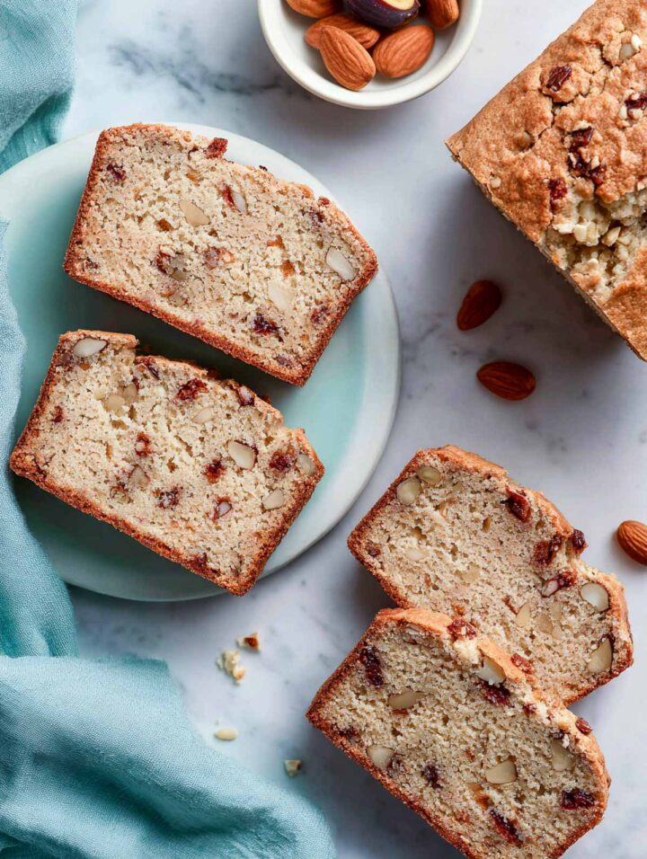 Top-down view of fig and almond breakfast cake sliced into thick pieces and arranged on a white marble surface. The cake shows a light golden whole wheat crumb with visible chopped figs and almond pieces throughout. 