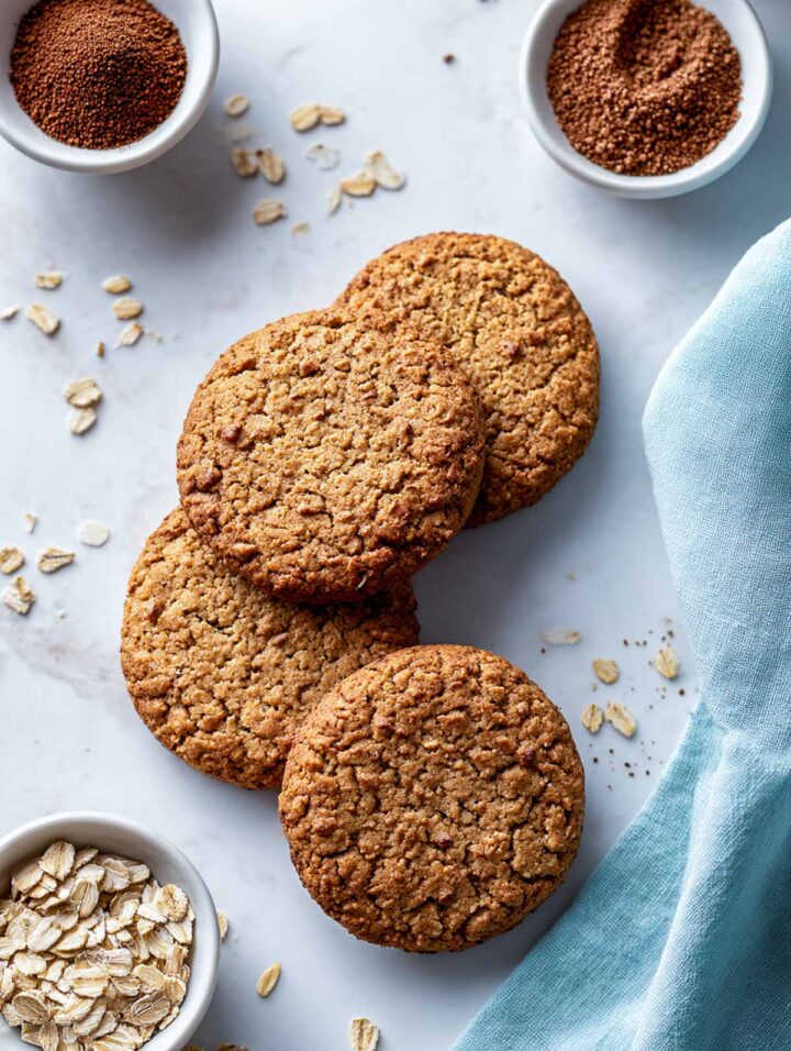 Top-down view of mocha breakfast cookies arranged on a white marble surface with a soft blue napkin. The cookies are thick and round with a visible oat texture and warm cocoa color. 