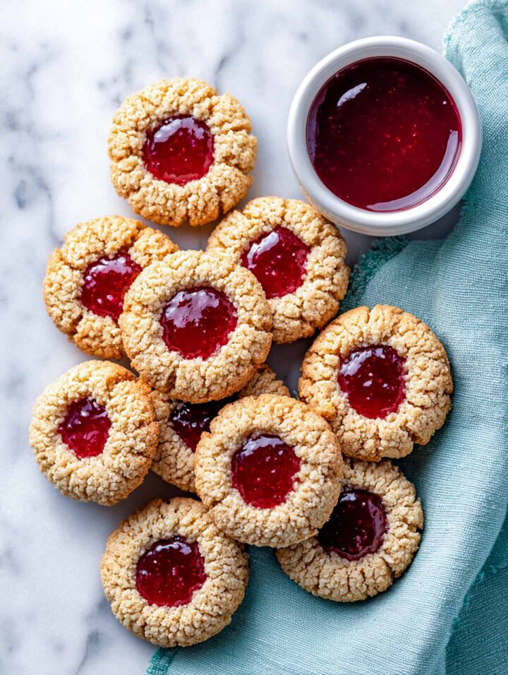 Top-down view of raspberry oat fiber thumbprint cookies arranged in a loose circle on a white marble surface with a soft sage napkin. Each cookie has a smooth, glossy raspberry jam center and a pale golden oat-textured exterior. 