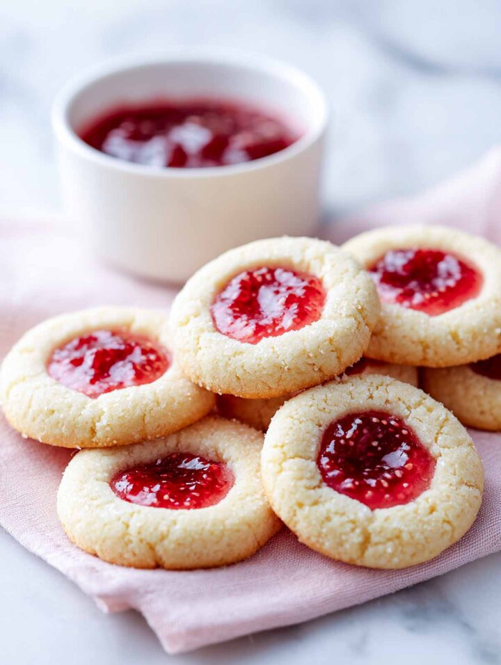 Close-up view of strawberry chia jam thumbprint cookies stacked on a soft pink napkin on a white marble surface. Each cookie has a smooth, glossy strawberry jam center with no visible fruit pieces.