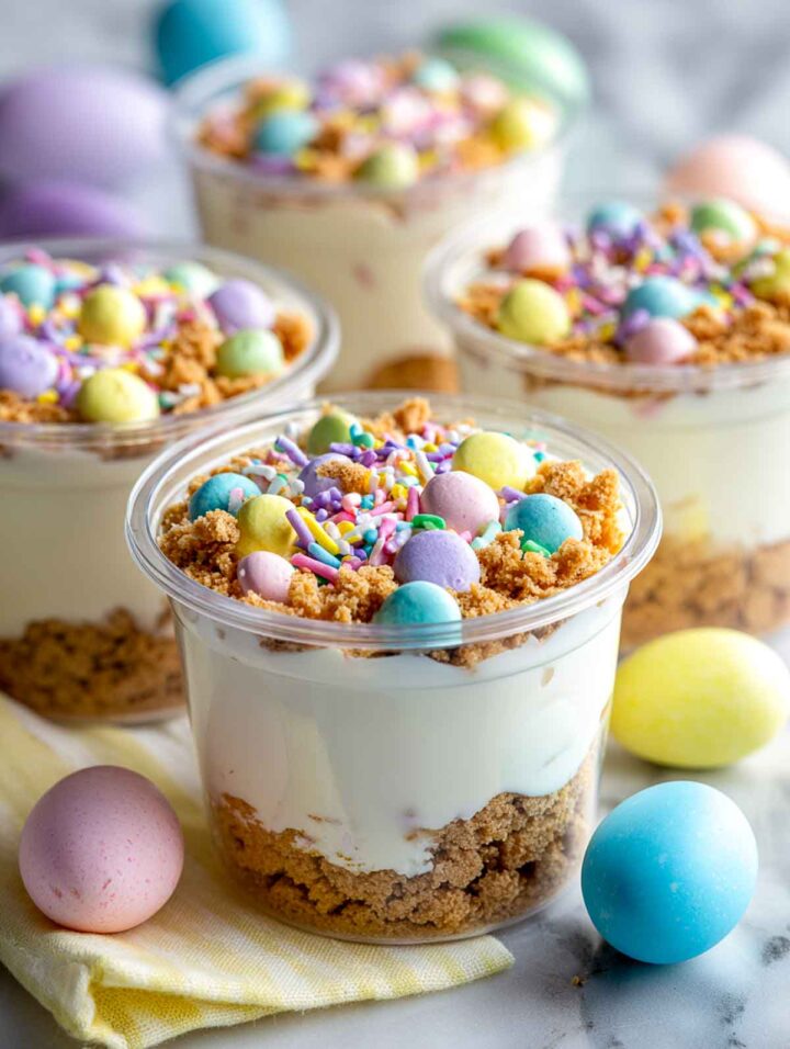 Clear plastic snack cups filled with layered vanilla yogurt and a mix of crushed vanilla cookies and graham cracker crumbs, topped with pastel candy-coated chocolates and spring sprinkles, arranged on a white marble surface with pastel Easter eggs and a soft yellow cloth.