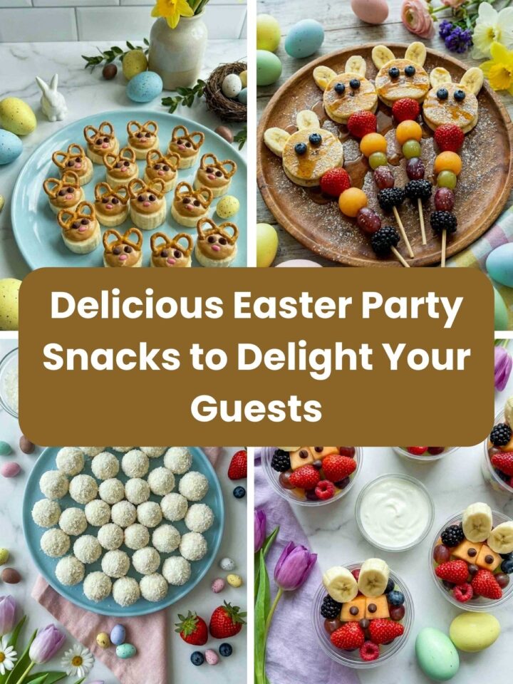 Collage of creative Easter party snacks including bunny banana bites, pancakes, coconut balls, and fruit cups.
