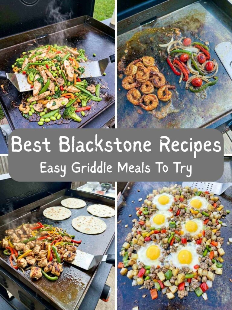 Collage of four Blackstone griddle dishes featuring high-protein meals, including seared chicken pieces, lemon herb chicken breasts, and stir-fried chicken with vegetables, with the text “Blackstone Recipes” centered.