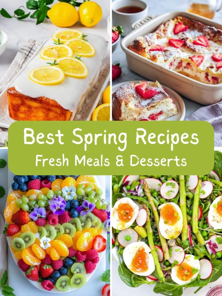 A four image collage of spring recipes.