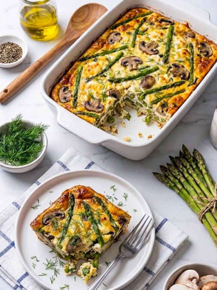 A white ceramic baking dish filled with a golden asparagus and mushroom cottage cheese egg bake topped with melted cheese and fresh dill, with one square removed and plated below, surrounded by fresh asparagus, sliced mushrooms, olive oil, and herbs on a marble countertop.