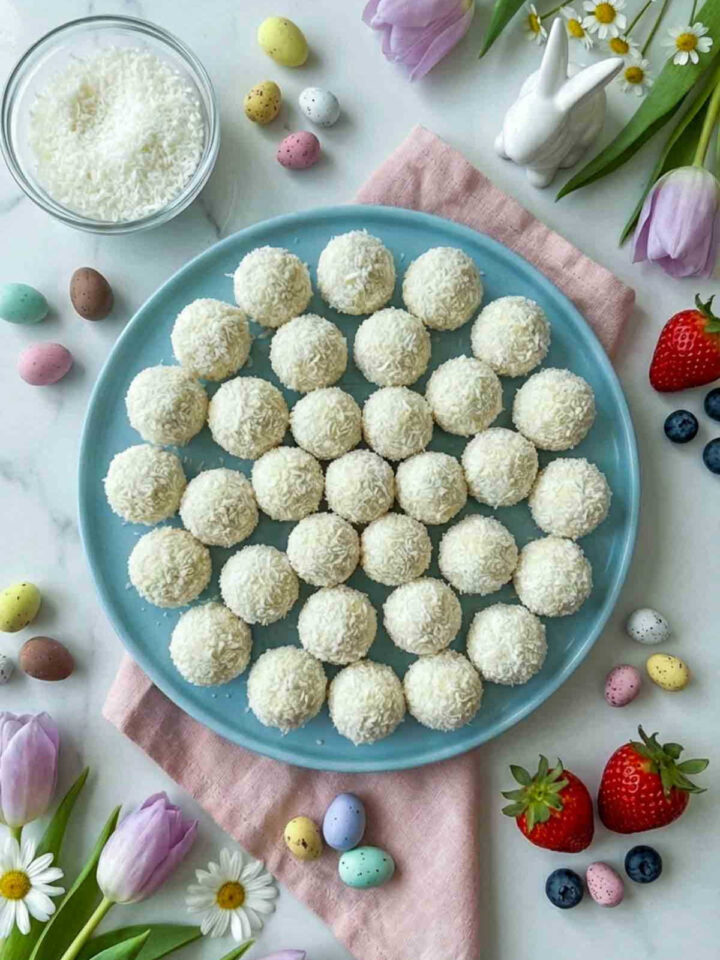Soft coconut energy balls coated in shredded coconut arranged on a blue plate with pastel Easter eggs and spring flowers.