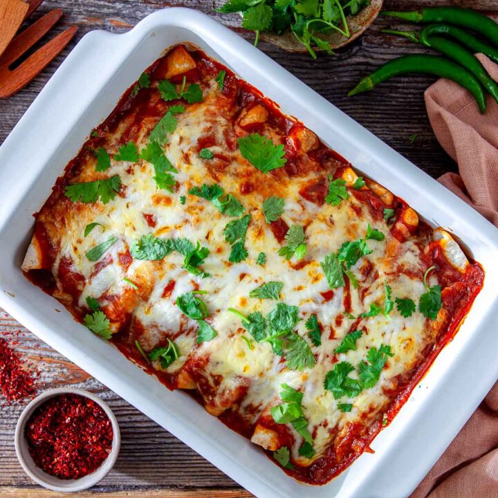 Baked chicken enchiladas in a casserole dish topped with melted cheese, red sauce, and fresh cilantro.