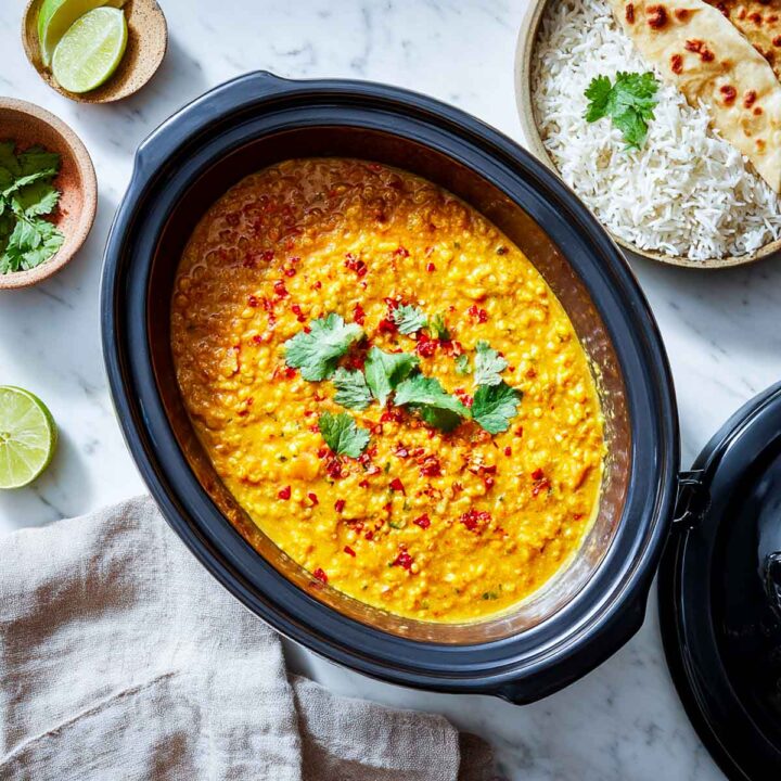 Crockpot red lentil dal cooking in a slow cooker, garnished with cilantro and chili flakes.