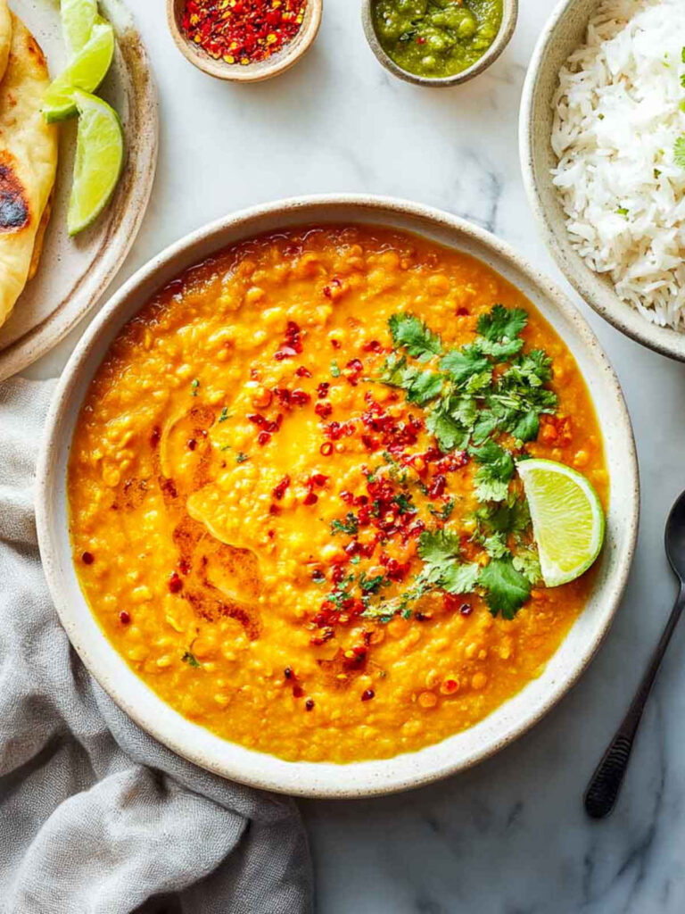 Close-up of crockpot red lentil dal with chili oil, cilantro, and lime, alongside naan and rice.