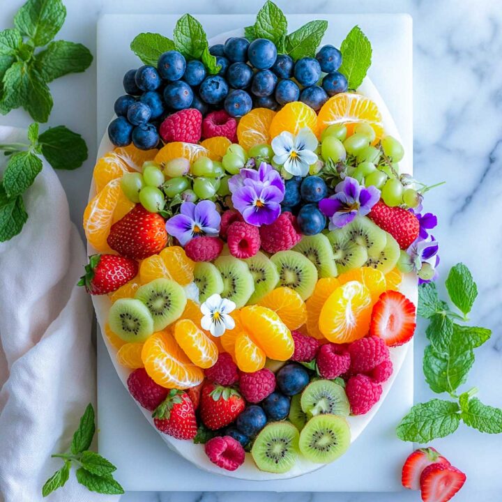 Fresh spring fruits charcuterie board decorated with edible flowers.