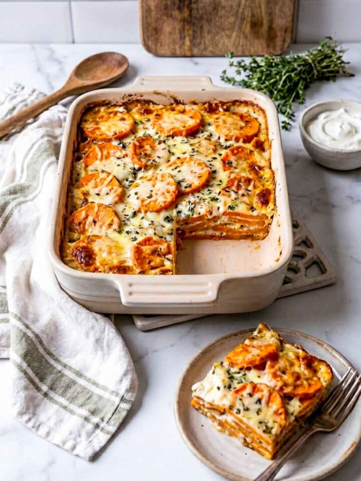 A square ceramic baking dish filled with neatly layered scalloped sweet potatoes baked in a creamy sauce, lightly golden on top, with one square removed and plated below showing distinct stacked layers, surrounded by a small bowl of Greek yogurt and fresh thyme on a marble countertop.