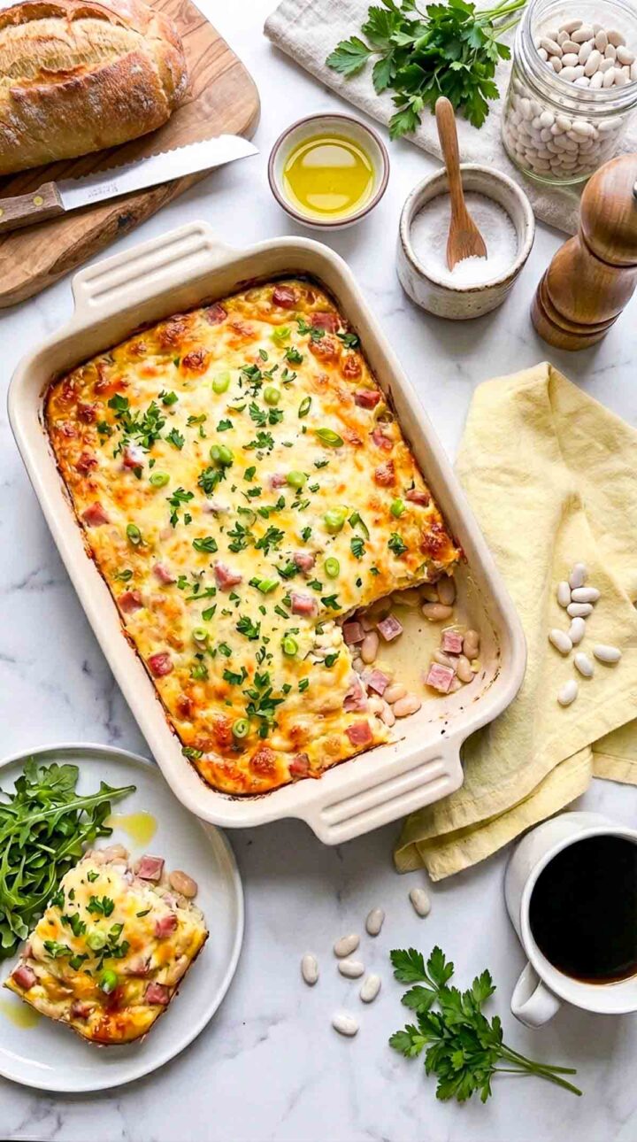 Overhead view of ham and white bean breakfast bake in a rectangular ceramic casserole dish with a golden cheese topping and a served slice on a small plate beside it.