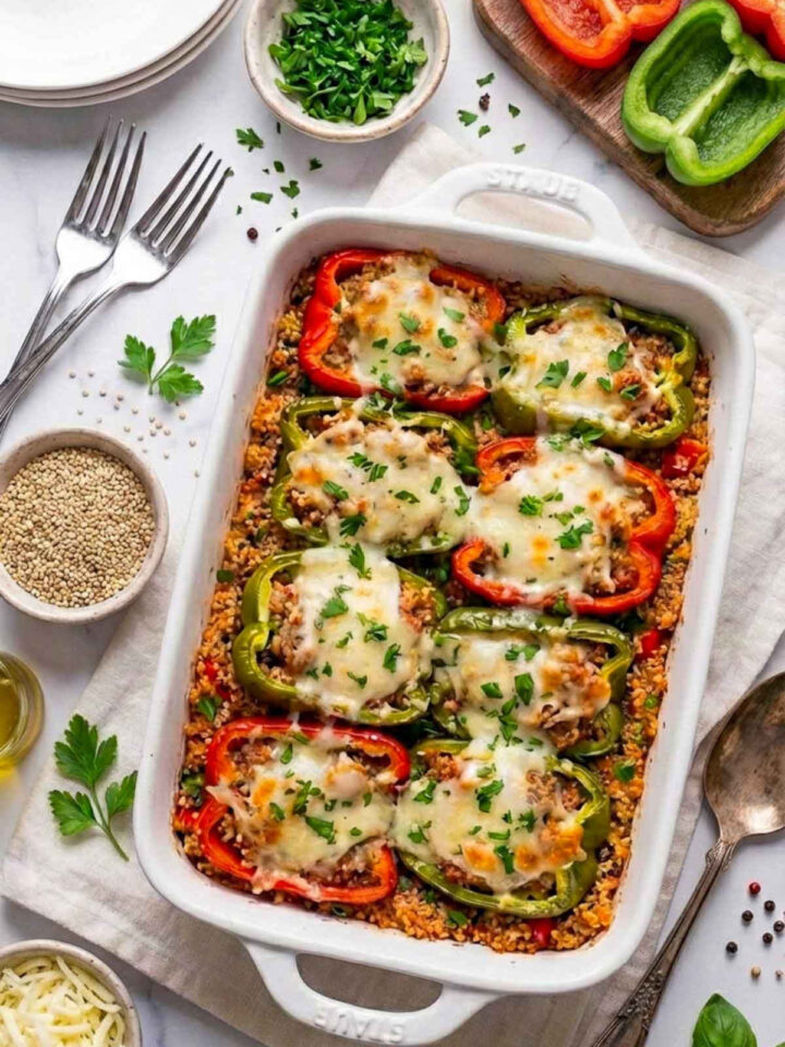 A white ceramic baking dish filled with a quinoa stuffed pepper casserole topped with melted cheese and chopped parsley, with red and green bell pepper rings baked into a tomato quinoa base, surrounded by bowls of quinoa, chopped peppers, herbs, olive oil, and sauce on a marble surface.