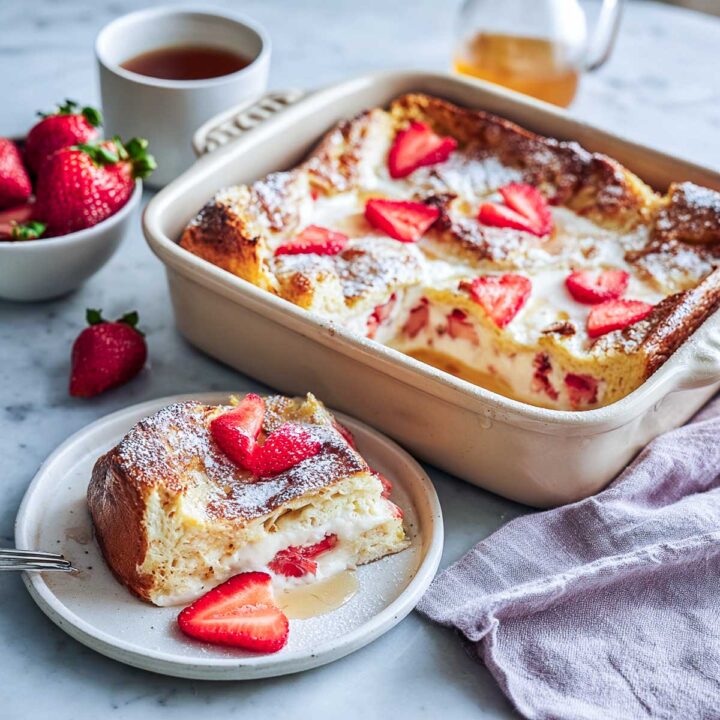 Strawberry cream cheese French toast bake in a casserole dish and served on a plate.