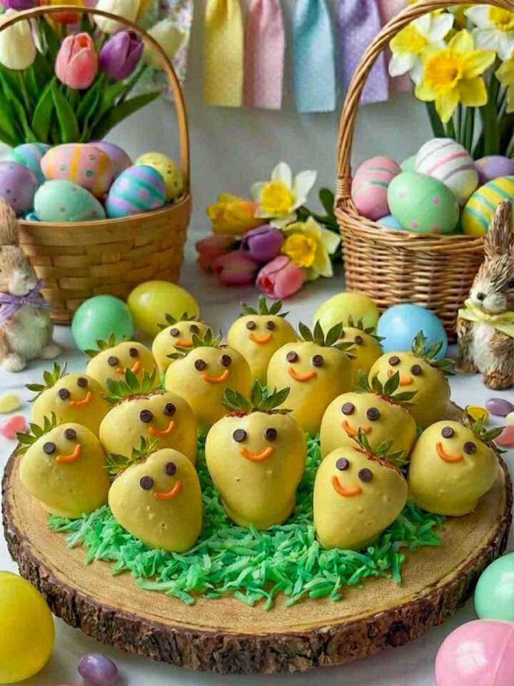 Yellow chocolate–covered strawberries decorated like baby chicks with chocolate chip eyes and orange sprinkle beaks, arranged on green coconut grass on a wooden serving board, surrounded by pastel Easter eggs, baskets, spring flowers, and festive decorations.