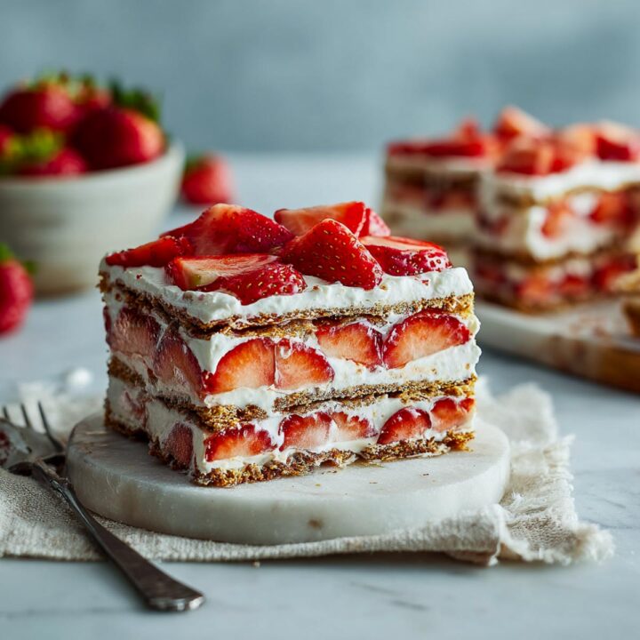 Close up of a slice of strawberry ice box cake on a serving plate.
