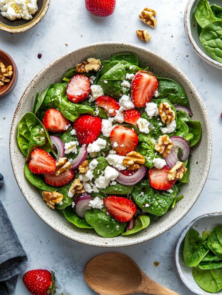 A bowl of strawberry spinach salad placed on a white kitchen counter.