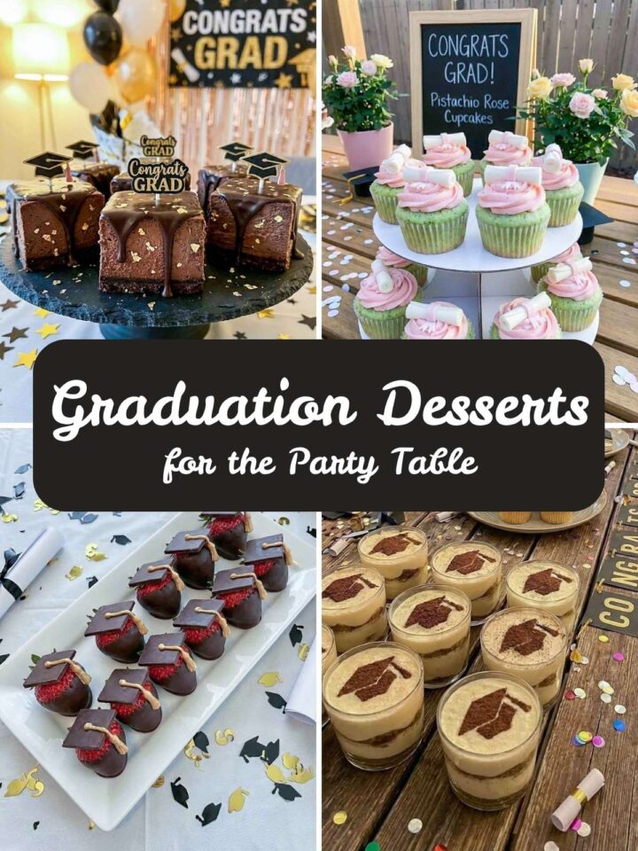 A four-image collage of graduation day desserts.