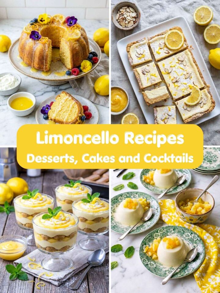 Collage of limoncello-themed desserts including a berry crumble with ice cream, a lemon bundt cake, layered lemon parfaits, and lemon bars, with the text “Limoncello Recipes”.