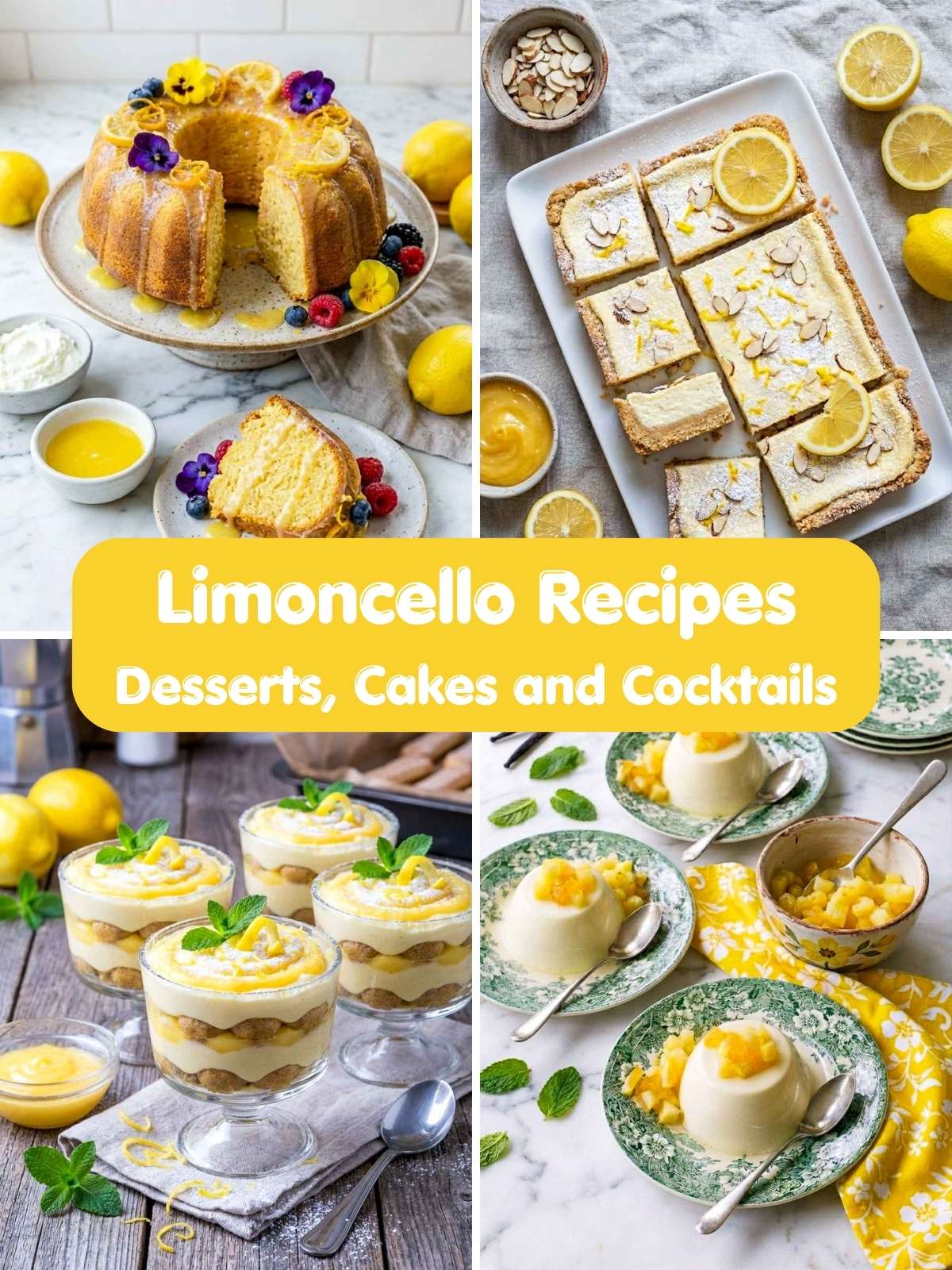 Collage of limoncello-themed desserts including a berry crumble with ice cream, a lemon bundt cake, layered lemon parfaits, and lemon bars, with the text 