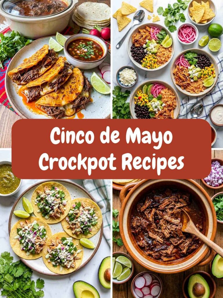 Four-image collage of Cinco de Mayo crockpot recipes with text overlay.