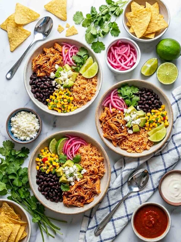 Mexican adobo chicken taco bowls with rice, black beans, corn, avocado, pickled onions, and lime wedges, served on a marble surface with chips and toppings.