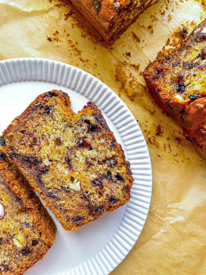 Sliced banana bread with chocolate chips on plate