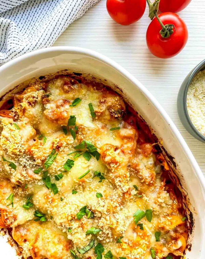 Close up of baked tortellini casserole.