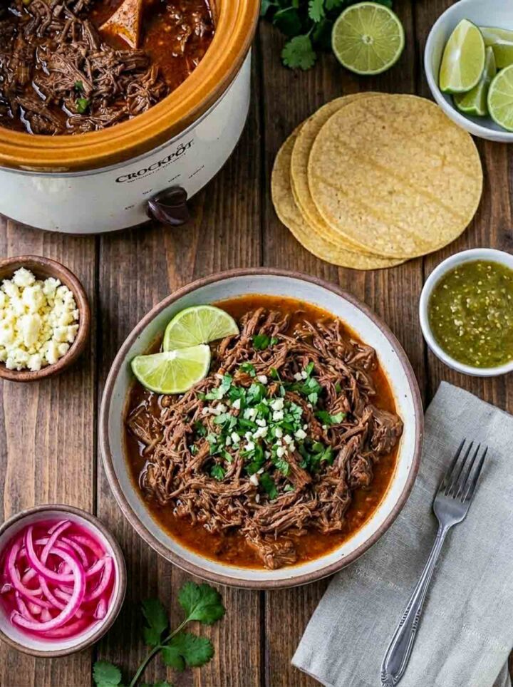 Shredded barbacoa beef in a rich sauce topped with cilantro and onion, served with lime wedges, tortillas, and salsa beside a crockpot on a wooden surface.