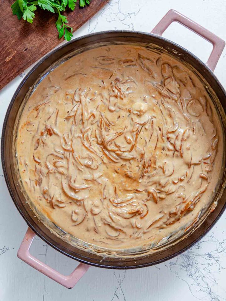 The sauce is stirred and simmered until smooth, creamy, and well combined.