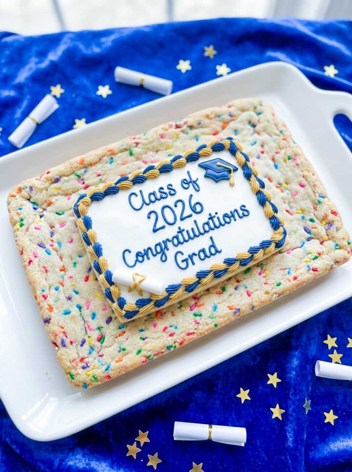 Sprinkle cookies decorated for a graduation party.