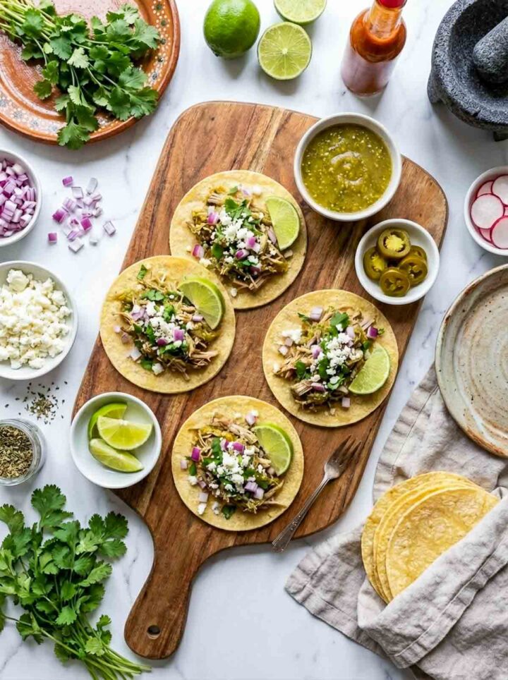 Green chile pork street tacos topped with cotija cheese, onion, cilantro, and lime, served with salsa and tortillas on a wooden board over a marble surface.