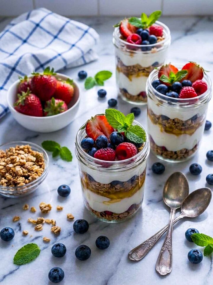 Three glass jars layered with Greek yogurt, granola, fresh strawberries, raspberries, and blueberries, drizzled with honey and garnished with mint leaves on a marble surface.