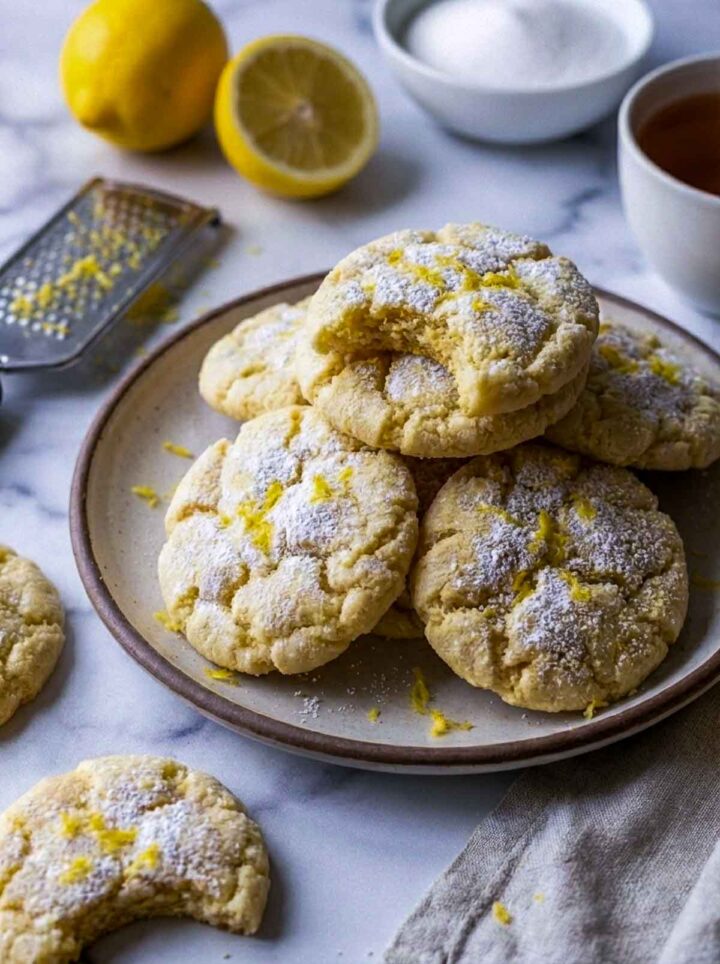 A plate of soft limoncello lemon sugar cookies dusted with powdered sugar and lemon zest, stacked on a speckled ceramic plate with lemons and a grater in the background.