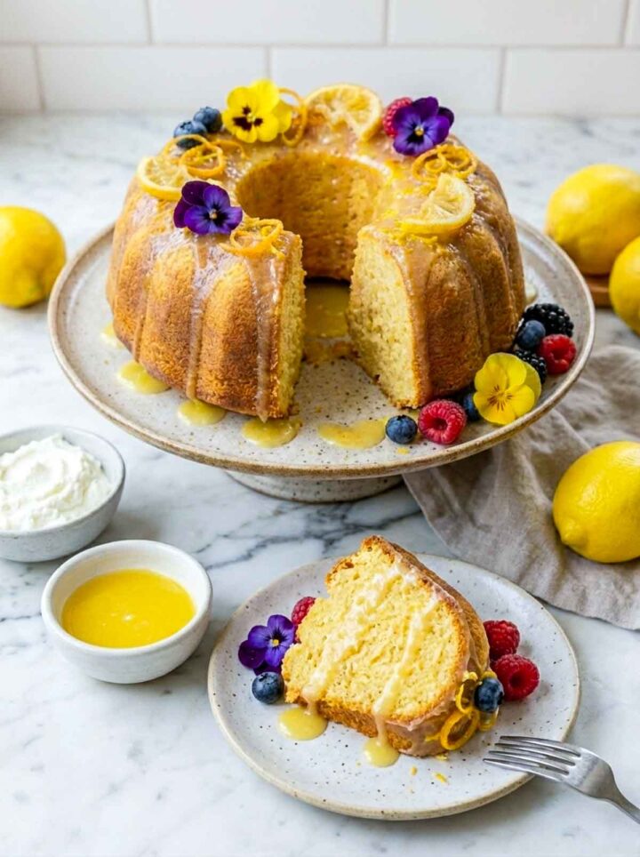 A golden limoncello ricotta olive oil bundt cake with thick citrus glaze dripping down the sides, topped with lemon slices, zest, berries, and edible flowers, with one slice served on a small plate on a marble countertop.