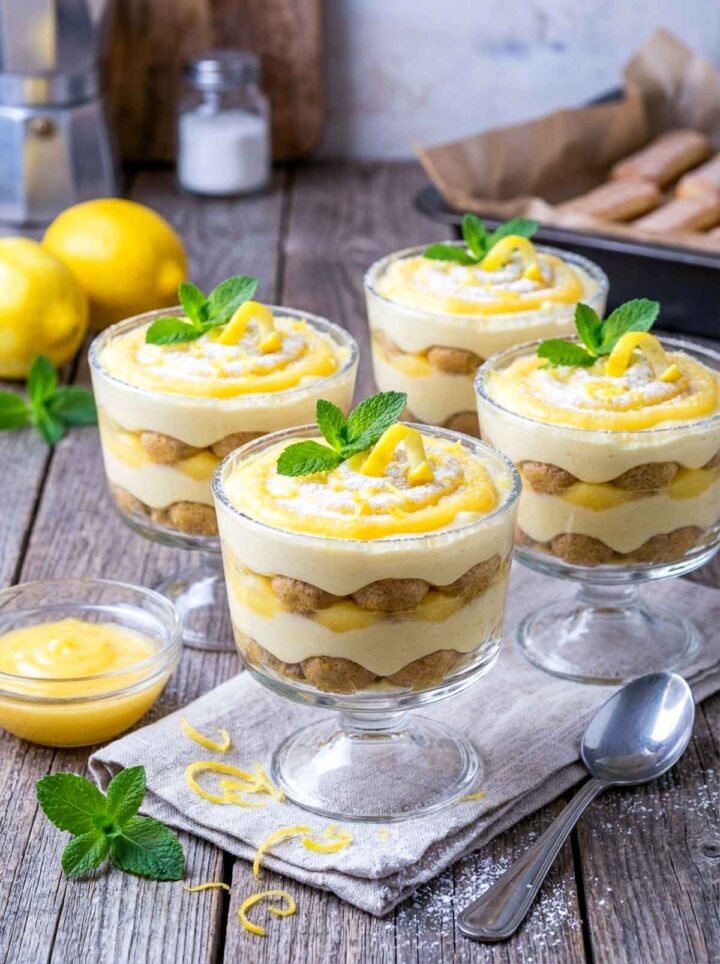 Individual glasses of limoncello tiramisu layered with ladyfingers, lemon mascarpone cream, and lemon curd, topped with powdered sugar, lemon zest, and mint on a rustic wooden surface.