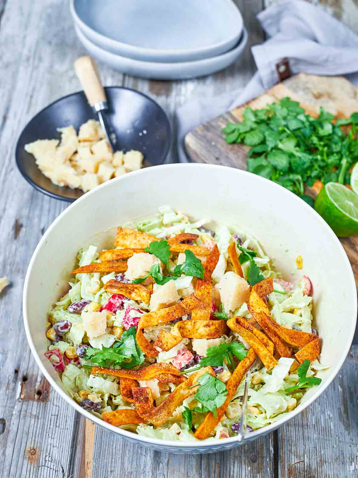 A vibrant, creamy salad loaded with beans, corn, and fresh veggies, finished with crunchy strips, herbs, and cheese for a perfect mix of flavor and texture.