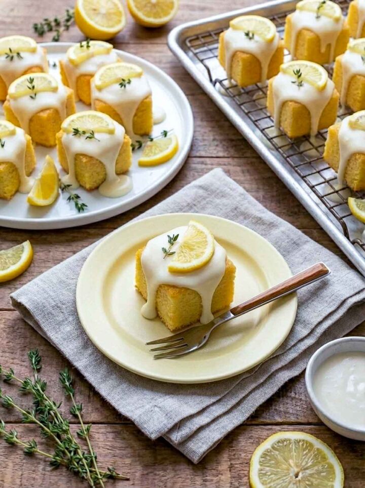 Mini limoncello pound cake cubes topped with thick white chocolate glaze and lemon slices, arranged on plates and a cooling rack with fresh thyme and lemons on a rustic wooden surface.