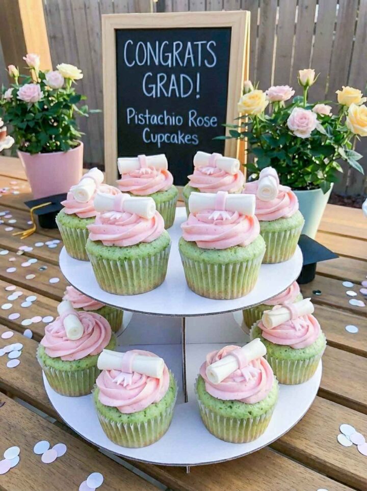 Pistachio rose cupcakes placed on a cake stand and decorated with diploma fondant decor.