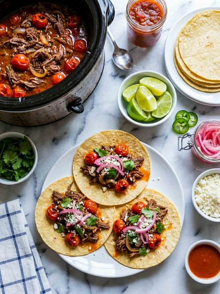 Roasted tomato shredded beef tacos topped with blistered cherry tomatoes, pickled onions, cotija cheese, and cilantro, served with lime and salsa on a marble surface.