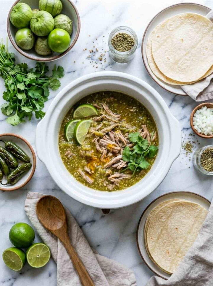Slow cooker salsa verde carnitas with shredded pork, lime slices, and cilantro, served with tortillas and fresh toppings on a marble surface.